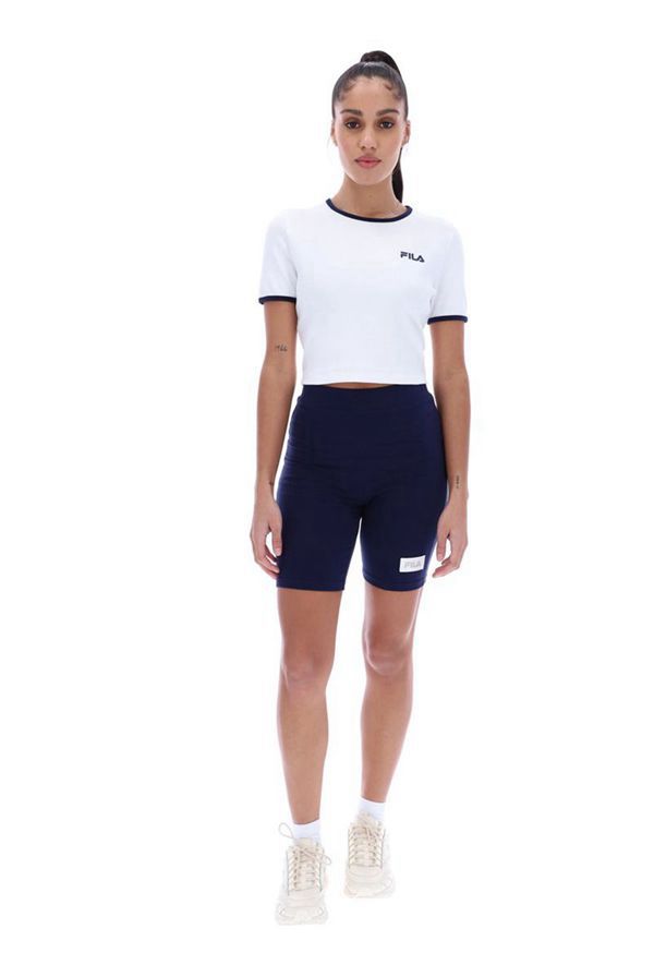 Fila Tričká Damske Biele / Námornícka Modrá - Perla Ribbed Crop Vypredaj - Slovakia 86072-BTNI